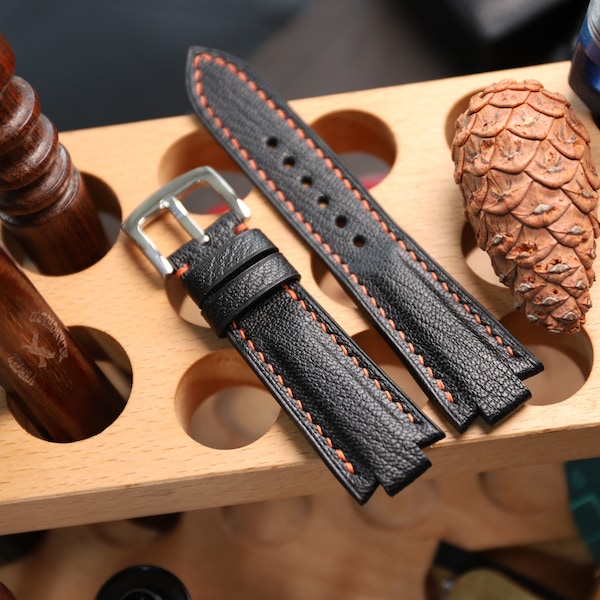 Riviera compatible Bespoke leather watch strap, Black French goat skin leather