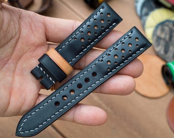 Correa de reloj Racing Hole: piel curtida vegetal negra, cosida a mano