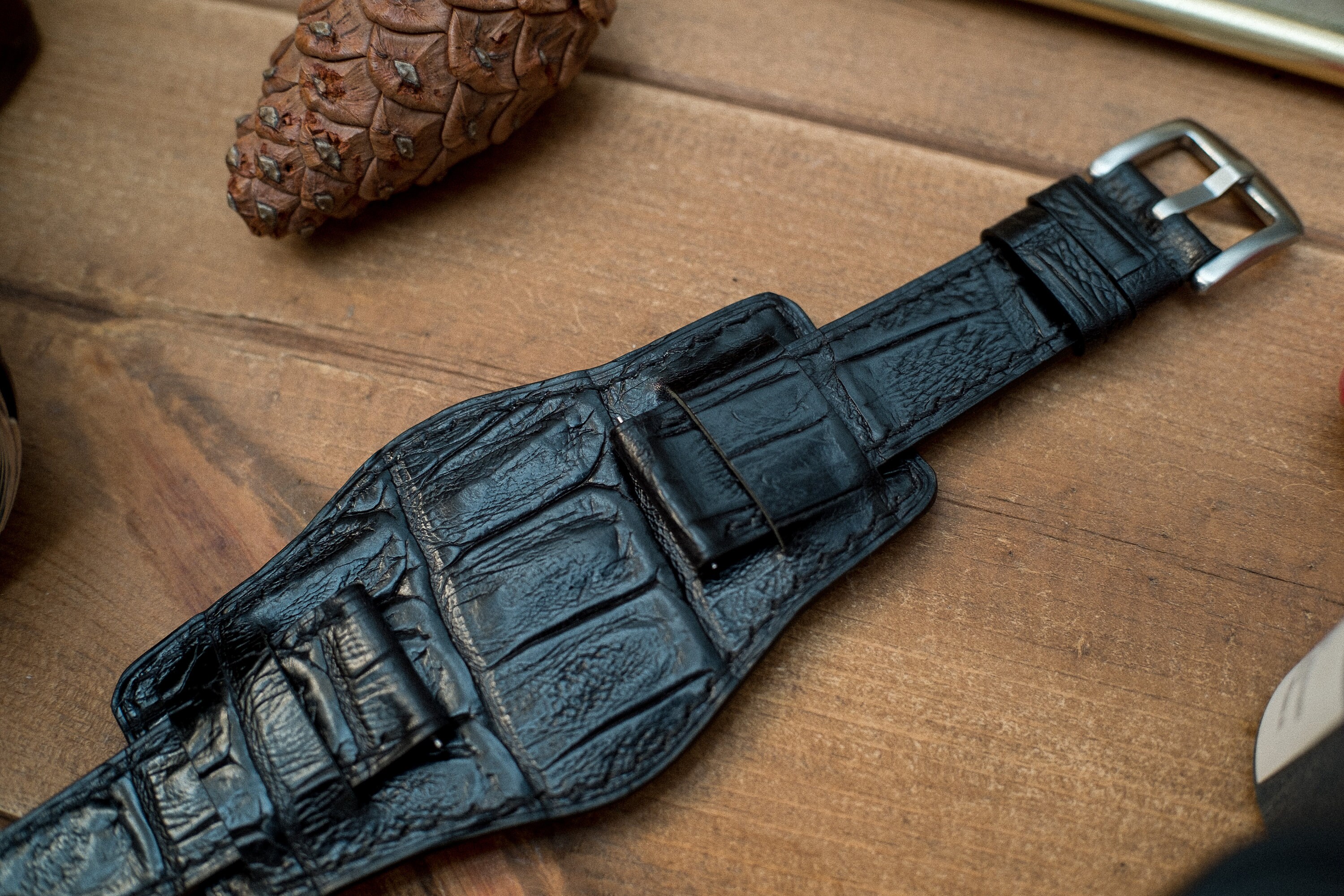 Bund Strap, Bespoke Leather Watch Strap, Black Glossy