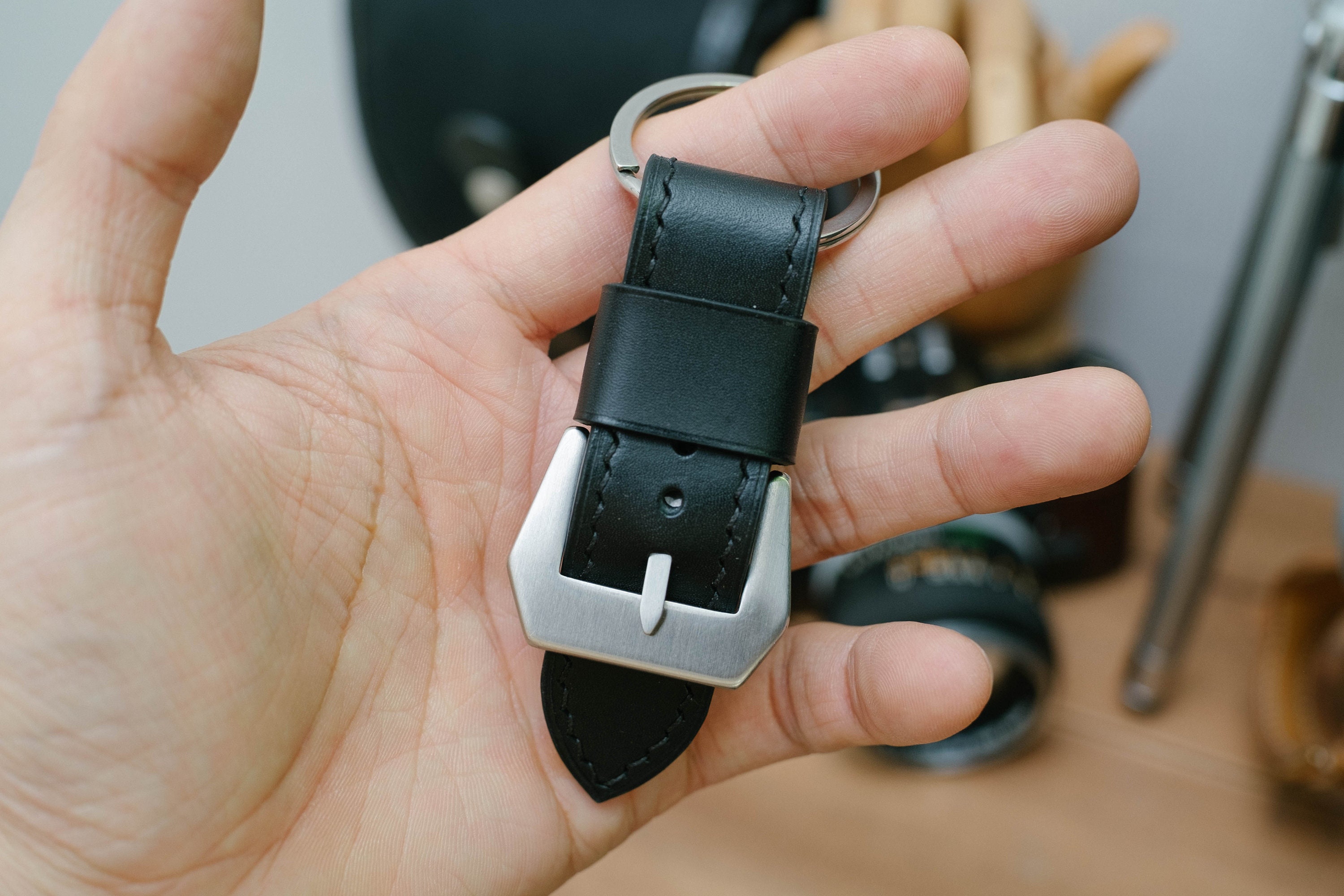 Bespoke leather Key rings resembles watch strap, Black Vegetable tanned leather