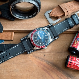 Made to order custom, Bund strap, Smooth Black vegetable tanned leather