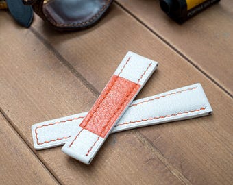 Pasek do zegarka wykonany na zamówienie ze skóry koziej, kolor biały i pomarańczowy