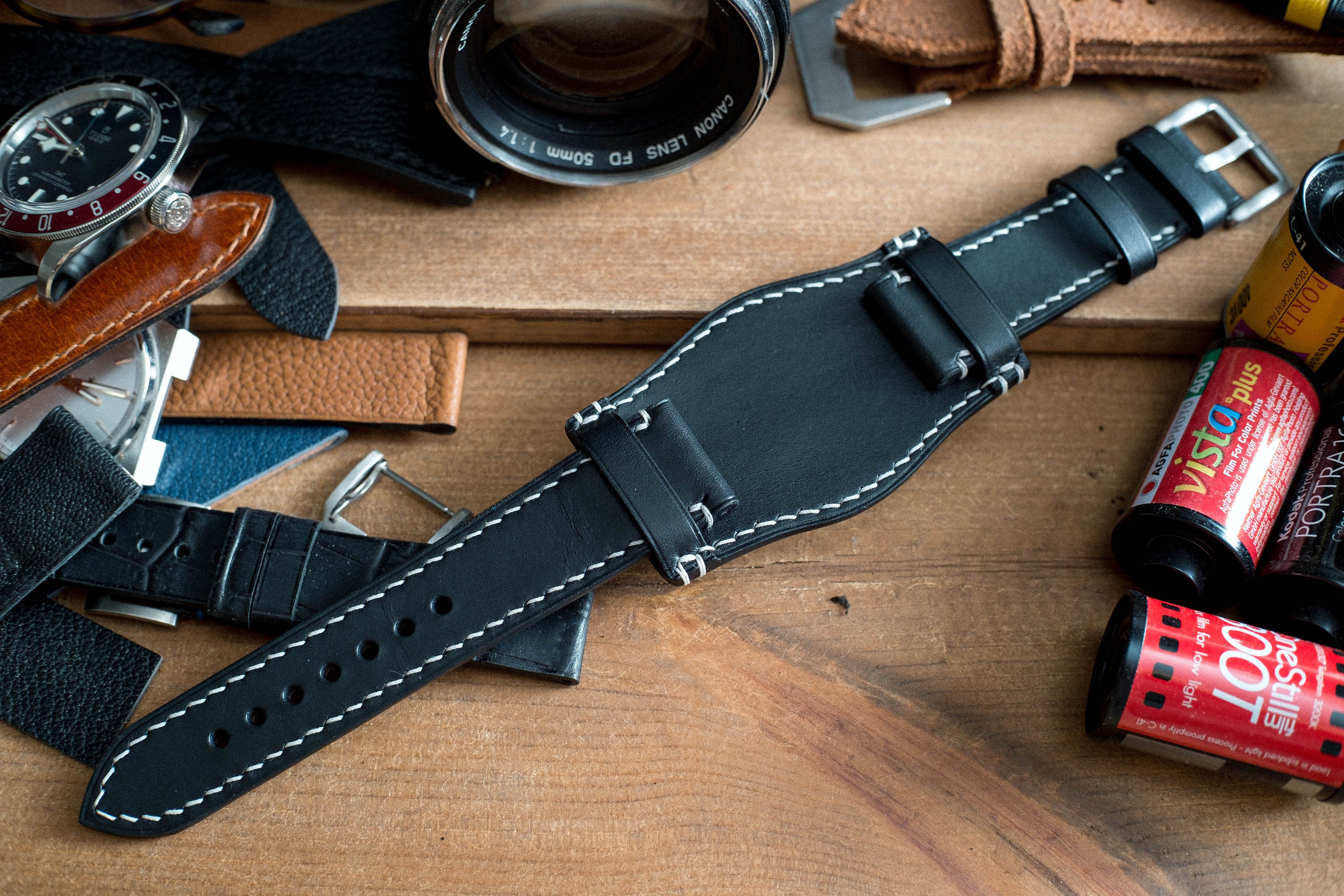 Bund Strap, Bespoke Leather Watch Strap, Smooth Black