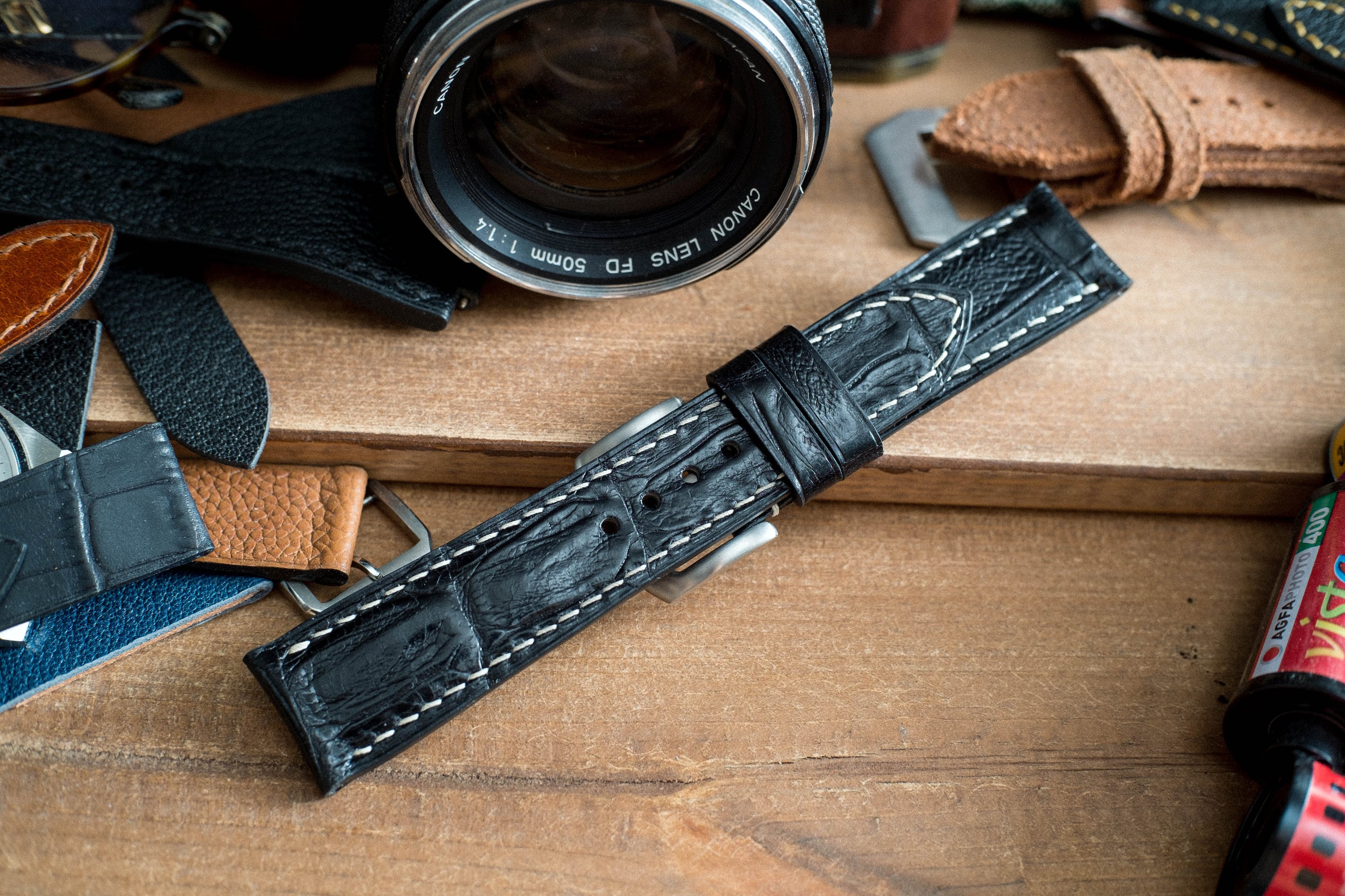 Bespoke leather watch strap, Black Glossy Vegetable tanned leather