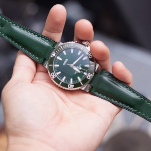 Oris aquis compatible made to order leather strap, Khaki Green vegetable tanned leather
