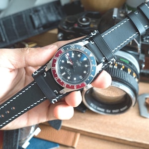 Made to order custom, Bund strap, Smooth Black vegetable tanned leather