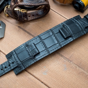 Made to order custom, Bund strap, Matt Black Croc patterned Vegetable tanned leather