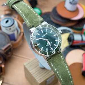 Oris aquis compatible made to order leather strap, Green suede leather, half water proof
