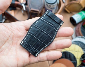 Croc gemustert Schwarz Leder Bund Pad - Handgenähtes Uhrenarmband