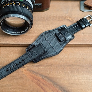 Made to order custom, Bund strap, Black Croc patterned Vegetable tanned leather