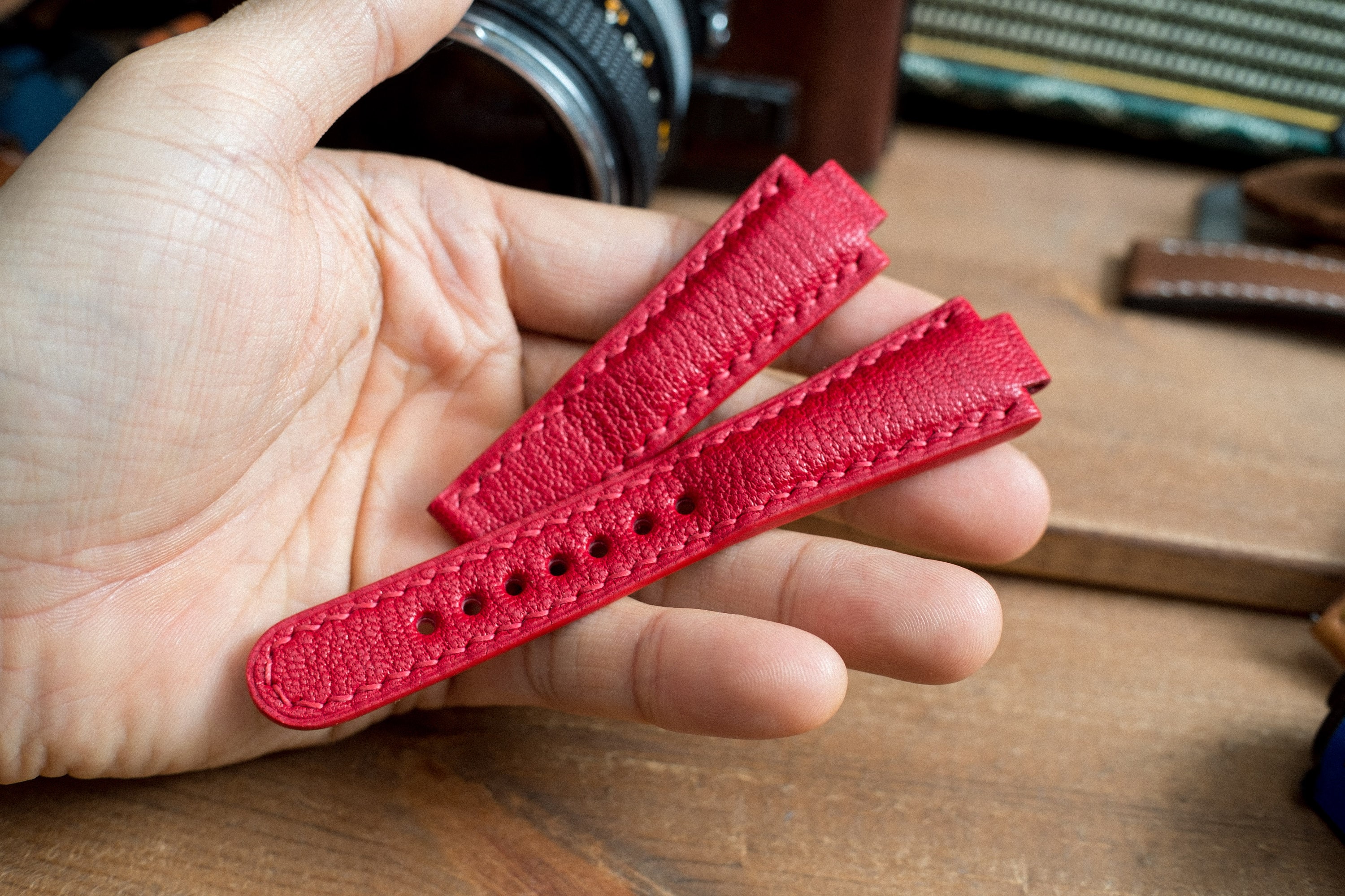 Oris Aquis 39.5mm compatible made to order leather strap, Red French goat skin