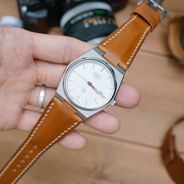 PRX compatible Bespoke leather watch strap, Natural Vegetable tanned leather