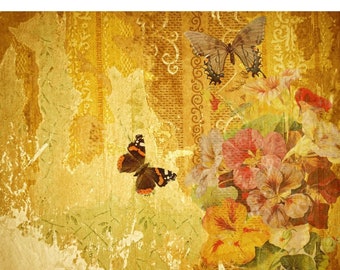 May include: A vintage-style digital collage featuring butterflies and flowers on a textured gold background. The text "Golden Spring" is written in a decorative font on the right side of the image. The image is 20 x 30 inches and is printed on tissue paper.