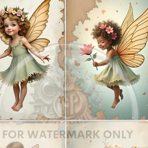 May include: Four illustrations of fairies with wings, each wearing a different dress and flower crown. The fairies are depicted with different hair colors and styles. The background is a vintage-style paper with a faded look.