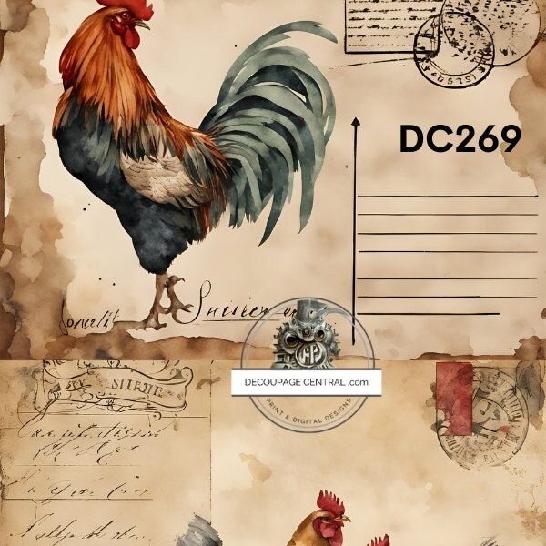 A4 Rooster and Hen Postale Decoupage Rice Paper, DC 269