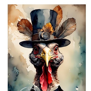 May include: A watercolor painting of a turkey wearing a blue top hat with feathers and a black bow tie. The turkey has a red wattle and a serious expression.