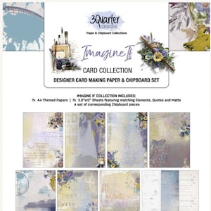 May include: A set of 7 designer card making papers and chipboard pieces with a floral and vintage theme. The papers are 3.8 inches by 12 inches and feature matching elements, quotes, and mats. The chipboard pieces are a set of corresponding pieces.