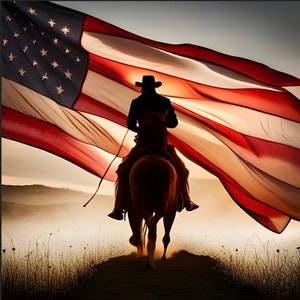 May include: A silhouette of a person on horseback, riding towards the viewer, with a large American flag billowing behind them. The flag's red and white stripes and blue field with stars are prominent. The scene is set against a hazy, golden sunset.