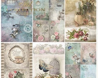 May include: A sheet of vintage-style decoupage paper with 12 different designs. The designs include birds, butterflies, roses, cages, clocks, and text. The paper is printed on a white background with a distressed look.