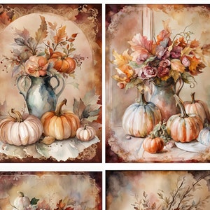 May include: Watercolor paintings of autumn still lifes. Each features a vase filled with flowers and fall foliage, accompanied by pumpkins in various sizes and colors, set against a warm, neutral background. The artwork evokes a cozy, seasonal theme.