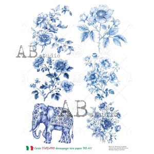 A4 Delft Blue Flowers and Elephant Carte Italiano Rice Paper 411