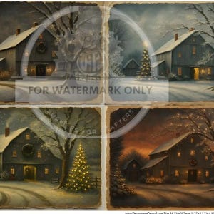 May include: A collage of four winter landscape paintings featuring barns and snow-covered scenery. Each scene depicts a barn with lit windows and a wreath, with a Christmas tree in some. The artwork has a warm, inviting feel.
