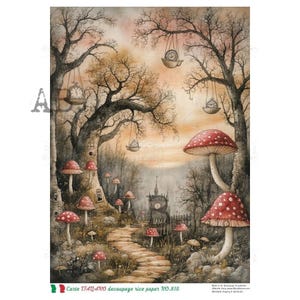 May include: A whimsical illustration of a forest scene with large red and white spotted mushrooms, a winding stone path, and hanging clocks. The artwork features a fairytale aesthetic with a muted color palette and the text "Carte ITALIANO decoupage rice paper NO.816".