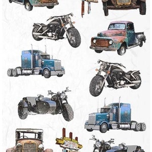 May include: A sheet of vintage-style decoupage paper featuring images of trucks, motorcycles, and a roadside diner sign. The paper is printed on a white background and has a distressed look.
