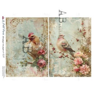 May include: Vintage-style decoupage paper featuring two panels. One panel depicts a hen with red comb and pink roses. The other panel shows a pink bird perched on a branch with pink flowers. The background has a faded, antique aesthetic.