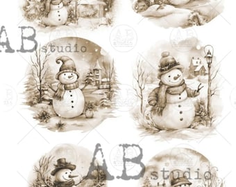 A4 Sepia Snowman Circles Decoupage Paper, AB Studios 2117