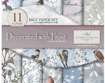 May include: A set of 11 rice papers featuring a winter theme with birds and frost. The papers are 210x297mm and 25-30g. The set is called "Decorated with Frost" and is from the Itd. Collection.