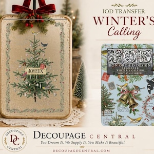 May include: An IOD Winter's Calling transfer set featuring eight 8 by 12 inch sheets. The design includes a decorated Christmas tree with the text JOYEUX, birds, bells, and botanical elements on a light blue background, shown on a board.