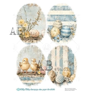 May include: Decoupage rice paper featuring four oval designs with an Easter theme. Each design includes eggs, flowers, and chicks in a vintage style. The color palette includes soft blues, yellows, and browns, with a distressed, aged appearance.