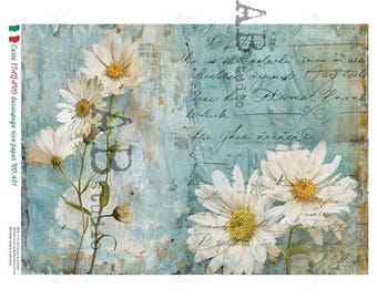 A4  491 Wild Daisies on Aqua Rice Paper for Decoupage , Paper for Crafting, Scrapbooking, and Vintage Decor | Italian Carte Italiano Design