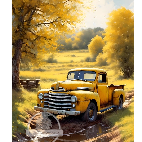 A4  Old Yellow Truck Decoupage Rice Paper DC394