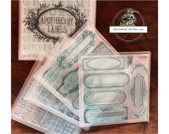 IOD APOTHECARY Stamp Set in Case, 4 sheets,  6 x 6 with case , Old labels and Alphabet