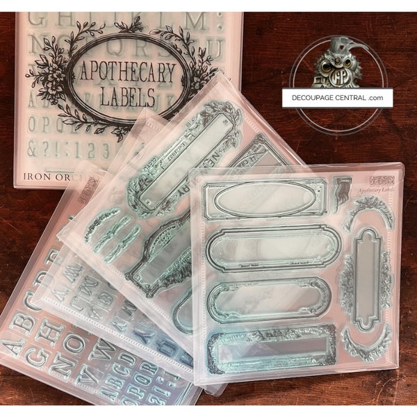 IOD APOTHECARY Stamp Set in Case, 4 sheets,  6 x 6 with case , Old labels and Alphabet