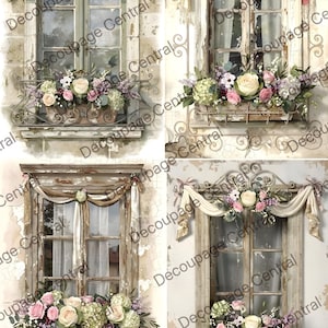 May include: A collage of four vintage-style window illustrations. Each window features a distressed, aged frame, adorned with floral arrangements in window boxes. Soft drapes and ribbons add to the romantic, antique aesthetic. The text "Decoupage Central" is visible.