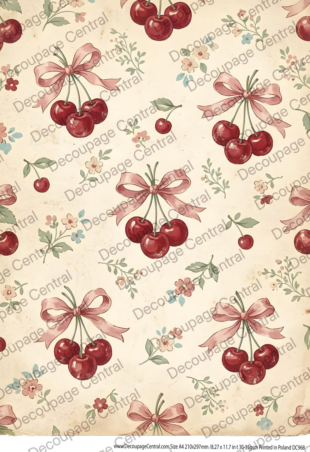 Pink Rice Paper A4 DC968 Cherries & Pink Bows Rice Paper Background Decoupage Rice ...