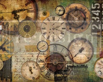 LOST IN TIME , Clock Decoupage Tissue Paper,  Steampunk Industrial  paper , Free Shipping, Redesign with Prima,  1 sheet 19x30