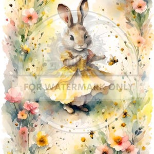May include: A watercolor painting of a brown rabbit wearing a yellow dress and standing in a field of yellow and pink flowers. There are bees flying around the rabbit.