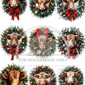Op de afbeelding: Een verzameling digitale afbeeldingen met bruine koeien versierd met feestelijke kerstkransen. Elke koe is gecentreerd in een krans van groene bladeren, rode bessen en gouden ornamenten, geaccentueerd met een grote rode strik. De tekst "FOR WATERMARK ONLY" is zichtbaar.