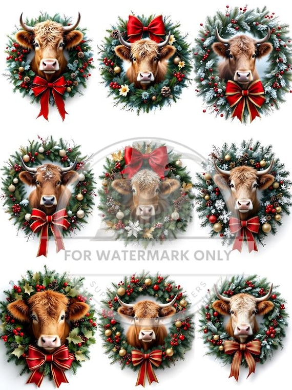 A4 Highland Christmas Cow Wreaths Decoupage Rice Paper, DC863
