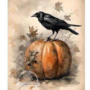 May include: Watercolor illustration of a black crow perched on a large orange pumpkin. The pumpkin is surrounded by autumn leaves in shades of brown and gray, set against a sepia-toned background. A seasonal, fall-themed artwork.