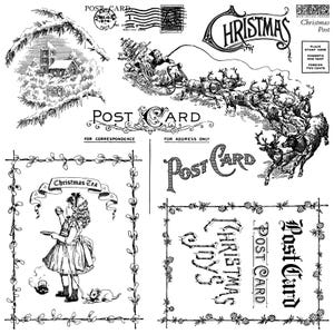 May include: A collection of vintage Christmas-themed illustrations in black and white. Includes images of Santa's sleigh, reindeer, a snowy church, postcards, and decorative text elements like "Christmas" and "Christmas Tea".
