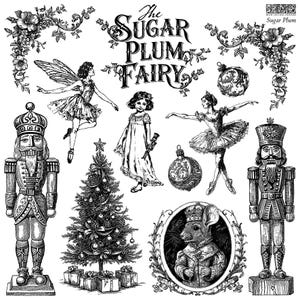 May include: Black and white illustration featuring elements of The Sugar Plum Fairy theme. Includes a Christmas tree, nutcrackers, a fairy, a ballerina, ornaments, a girl, and a mouse in a frame. The Sugar Plum Fairy text is at the top.