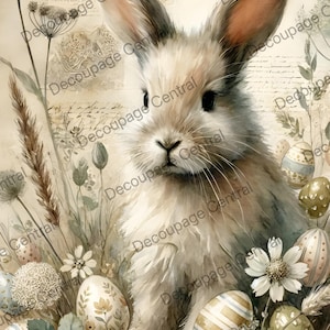 May include: A watercolor illustration of a fluffy white rabbit surrounded by Easter eggs and wildflowers. The rabbit has long ears and is the focal point of the image. The eggs are decorated with floral patterns and pastel colors. The background has a vintage, aged paper texture.