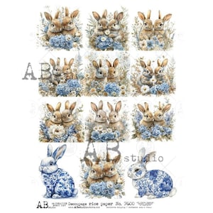 May include: Decoupage rice paper sheet featuring multiple images of bunnies with blue floral accents. The bunnies are depicted in pairs, surrounded by blue hydrangeas and other flowers. The sheet also includes two bunnies with blue and white floral patterns.