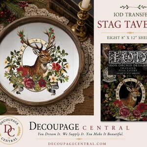 May include: An IOD Transfer Stag Tavern set featuring eight 8 inch by 12 inch sheets. The design displays a stag head surrounded by a floral wreath and a circular banner. The product is shown applied to a round wooden tray with metal handles.