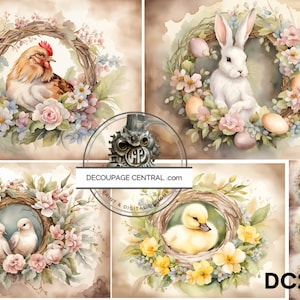 May include: Four watercolor illustrations of spring wreaths with different animals. The wreaths are decorated with pink, white, and yellow flowers. The animals include a rooster, a rabbit, two doves, and a duckling.